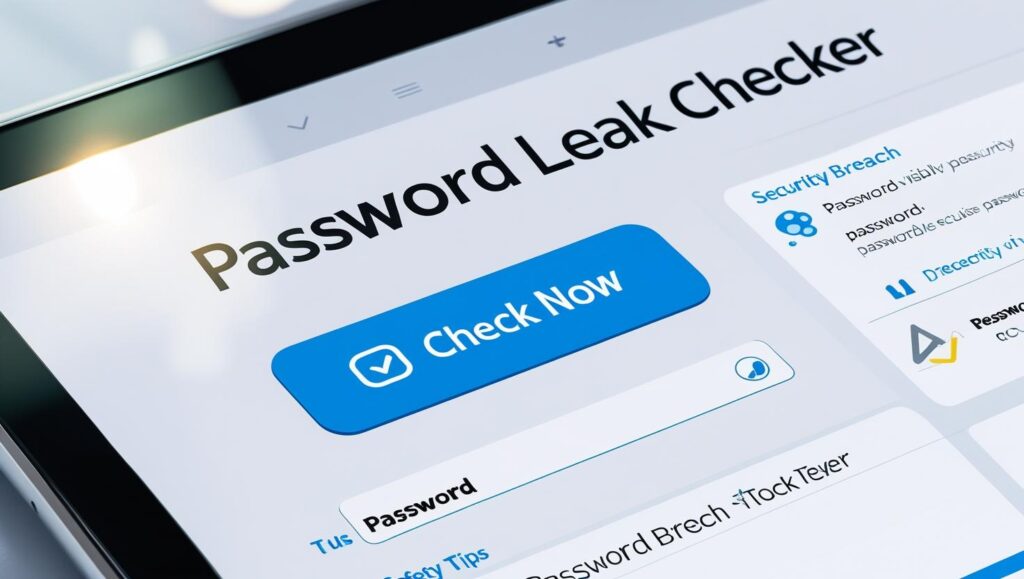 A modern digital interface displaying a Password Leak Checker tool. The tool features a large password entry field, a visible eye icon for toggling password visibility, and a results area showing whether the password has been found in a data breach, with clear security advice and strong visual feedback. The design is clean and accessible, filling most of the page with user-friendly card elements and soft blue backgrounds.
