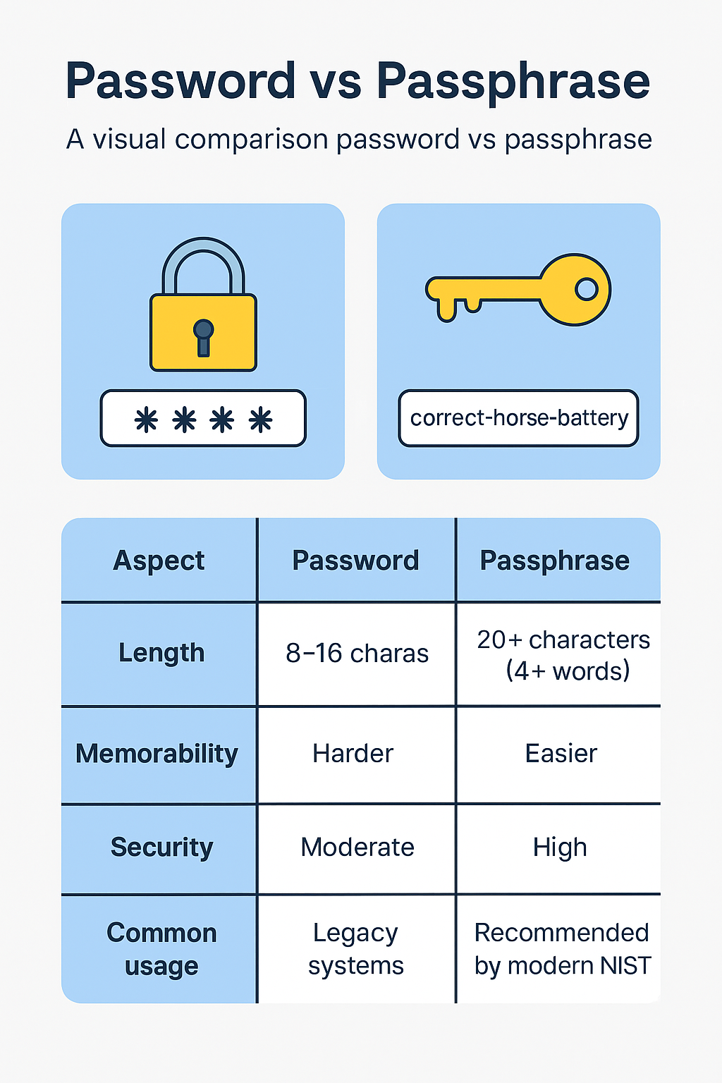 Password vs Passphrase comparison illustration
