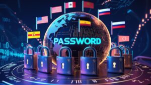 Futuristic multilingual password generator security concept: A 3D globe surrounded by glowing digital padlocks, with holographic flags of the US, Spain, Japan, UAE, and Russia. Neon 'password' text appears in Latin, Arabic, Cyrillic, and Kanji scripts against a dark blue tech background with floating binary code particles.
