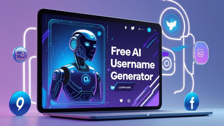 Illustration of an AI robot generating unique usernames on a futuristic screen, with social media icons like Instagram, YouTube, and TikTok in the background, representing the Free AI Username Generator tool.