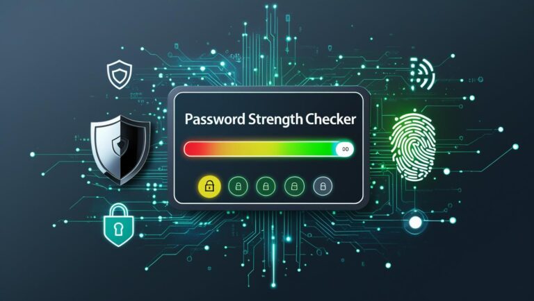 Visual of a digital password strength meter with security icons like shield and padlock, representing a Password Strength Checker tool interface.